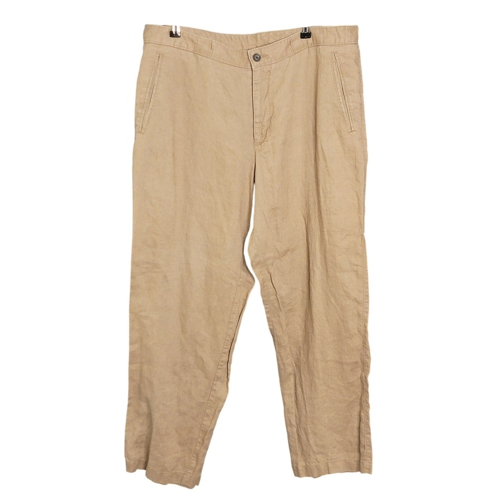 Tasso Elba Island Pants Men 36x30(27) Tan 100% Linen Straight Leg Coastal Summer